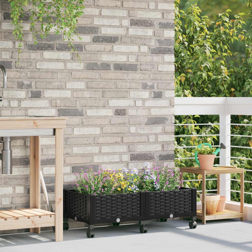 Produktbild för Trädgårdsplanterare med hjul Svart 80 x 40 x 29 cm PP