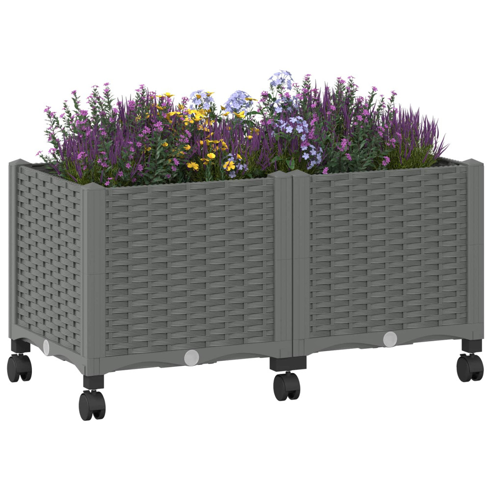 Produktbild för Trädgårdsplanterare med hjul Ljusgrå 80 x 40 x 48 cm PP