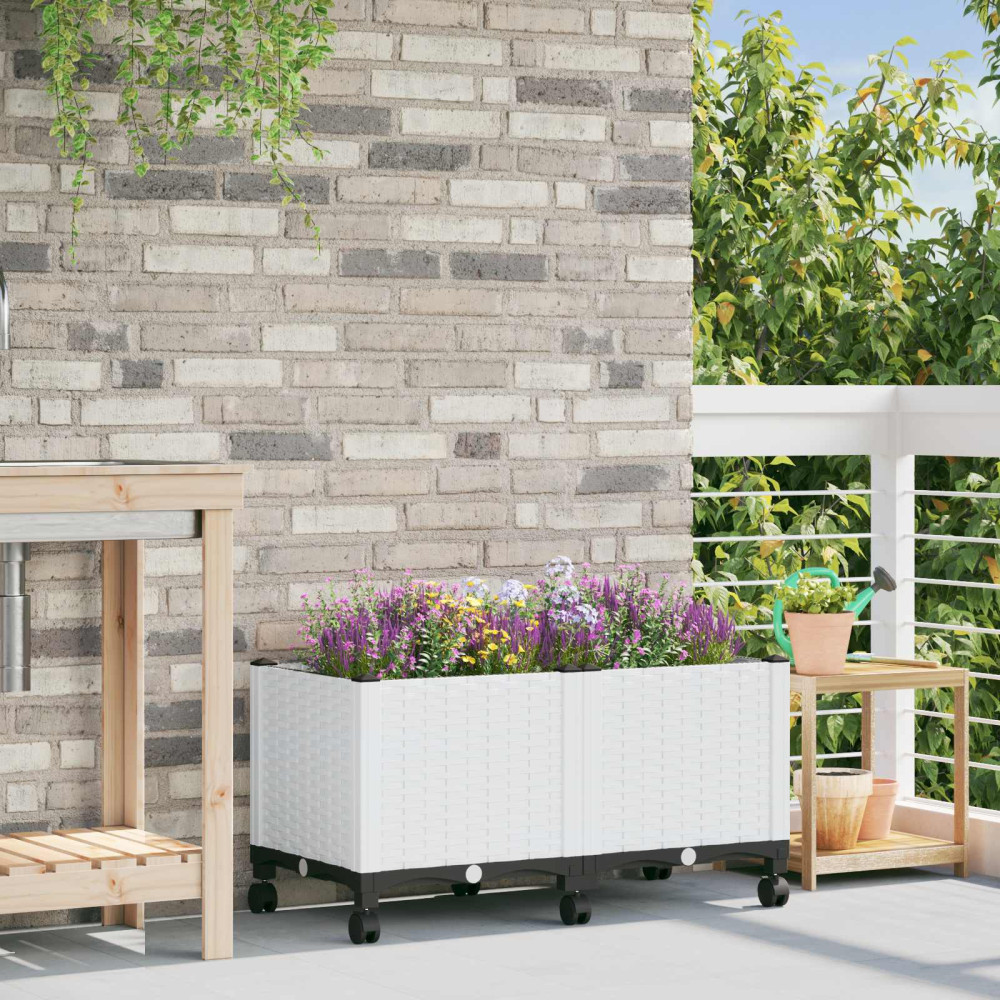 Produktbild för Trädgårdsplanterare med hjul Vit 80 x 40 x 48 cm PP