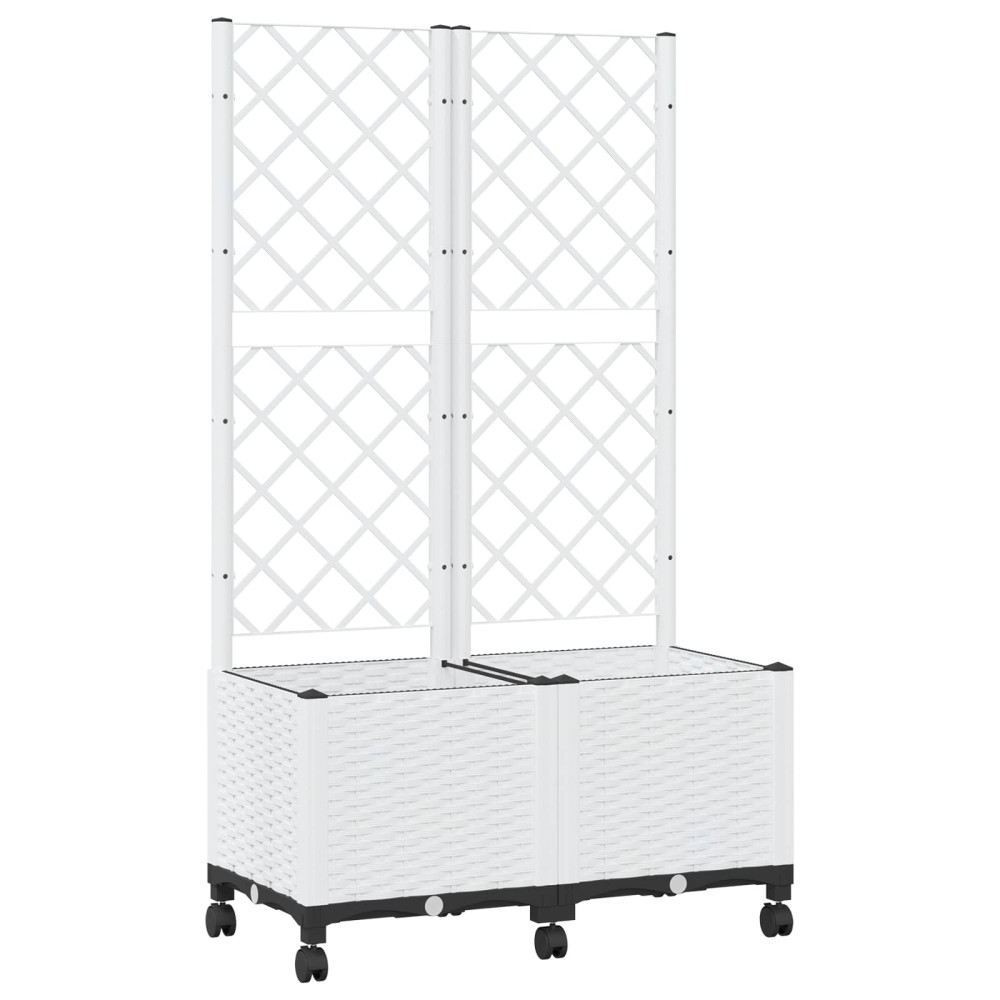 Produktbild för Trädgårdsplanterare med spaljé och hjul Vit 80 x 40 x 146 cm PP