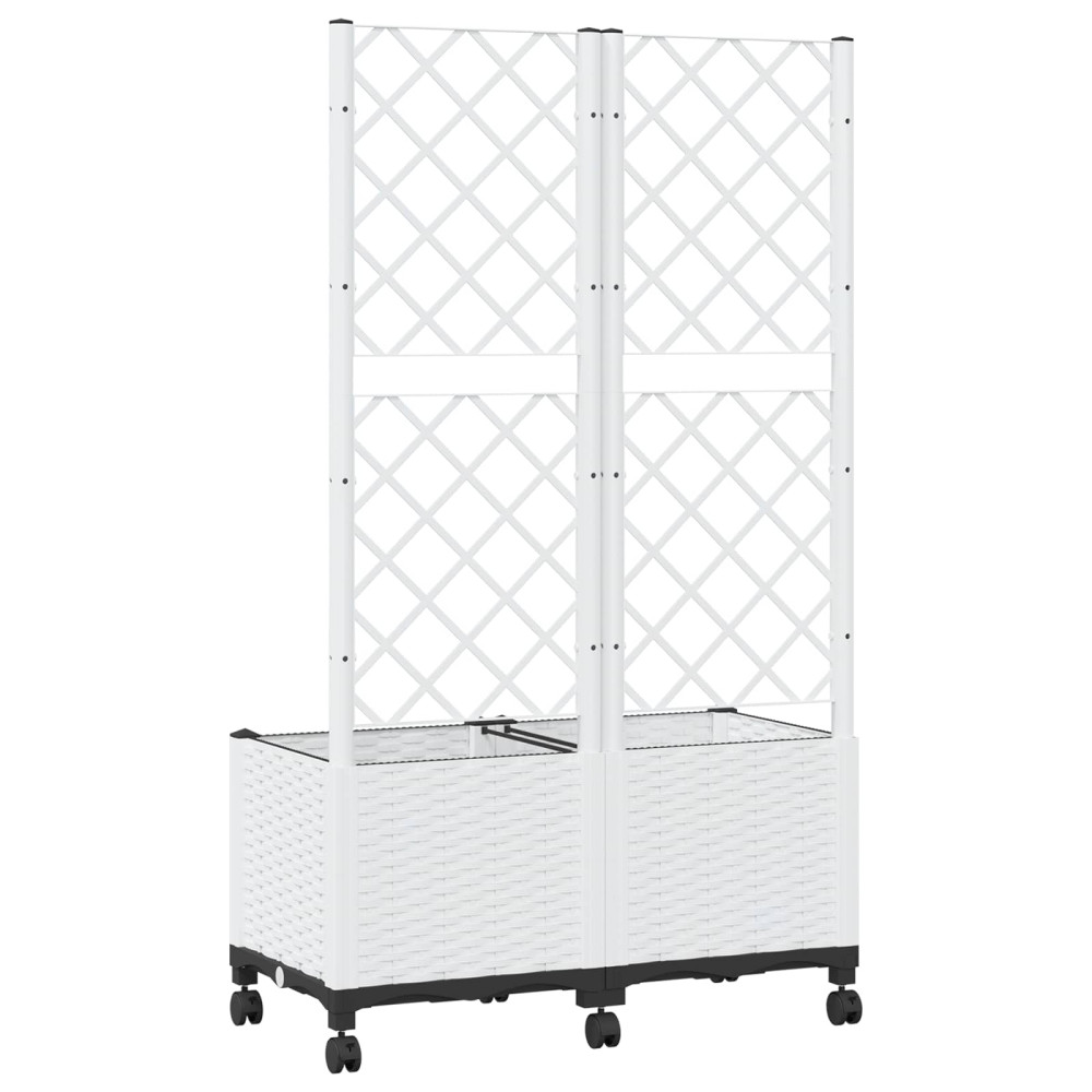 Produktbild för Trädgårdsplanterare med spaljé och hjul Vit 80 x 40 x 146 cm PP
