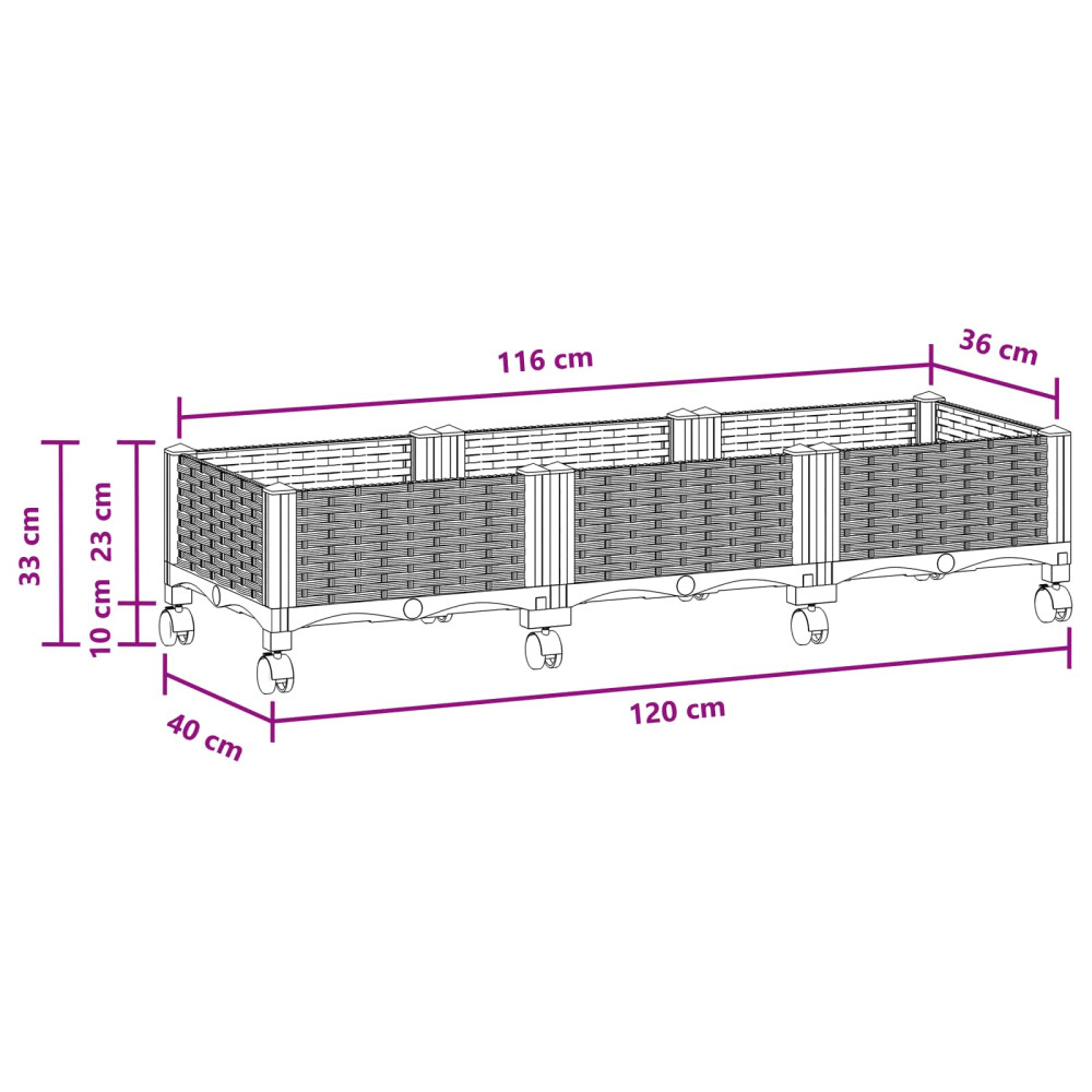 Produktbild för Trädgårdsplanterare med hjul Brun 120 x 40 x 29 cm PP