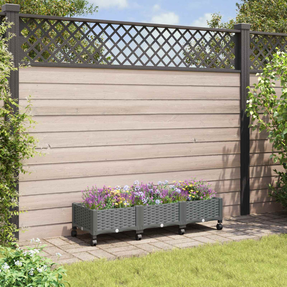 Produktbild för Trädgårdsplanterare med hjul Ljusgrå 120 x 40 x 33 cm PP