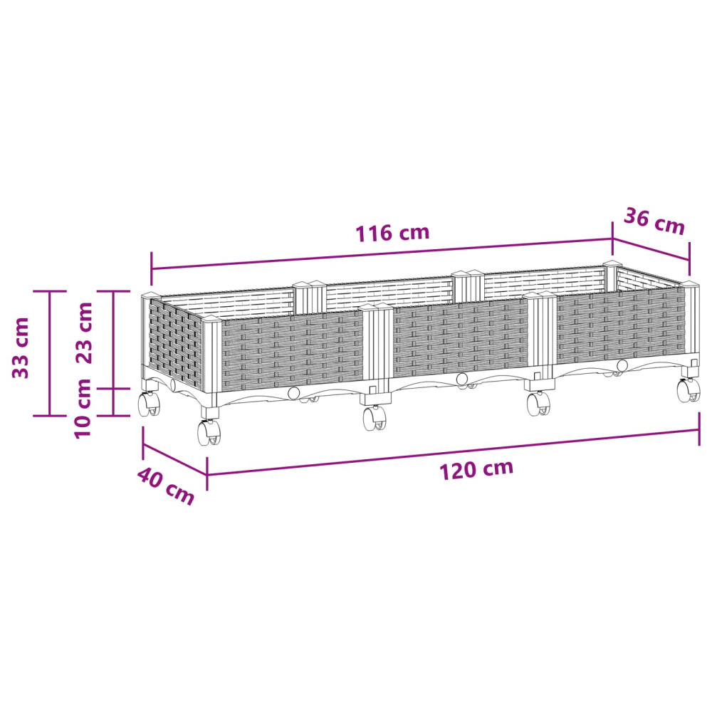 Produktbild för Trädgårdsplanterare med hjul Ljusgrå 120 x 40 x 33 cm PP