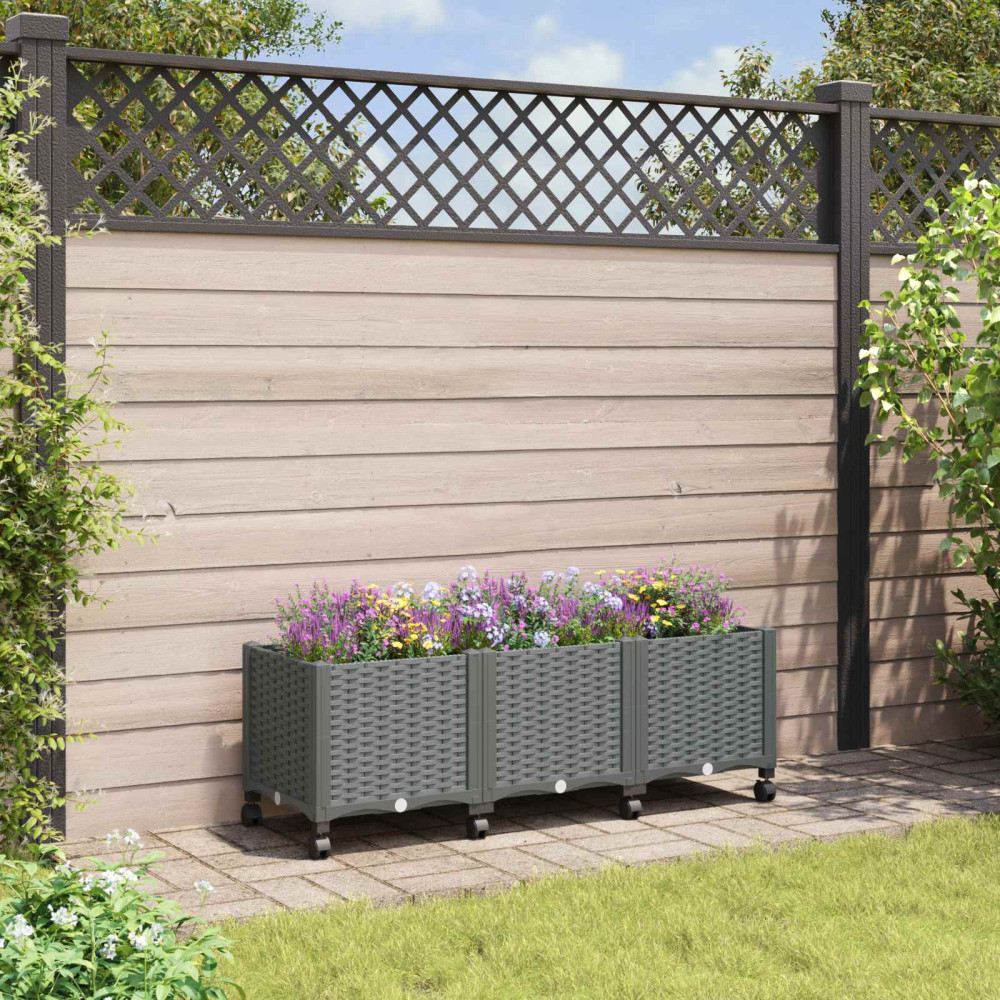 Produktbild för Trädgårdsplanterare med hjul Ljusgrå 120 x 40 x 48 cm PP