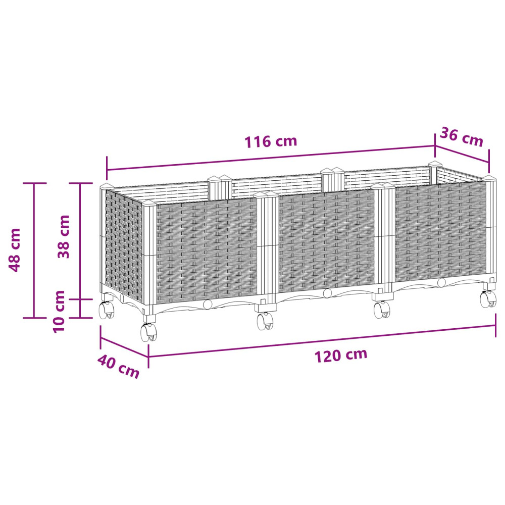 Produktbild för Trädgårdsplanterare med hjul Vit 120 x 40 x 48 cm PP