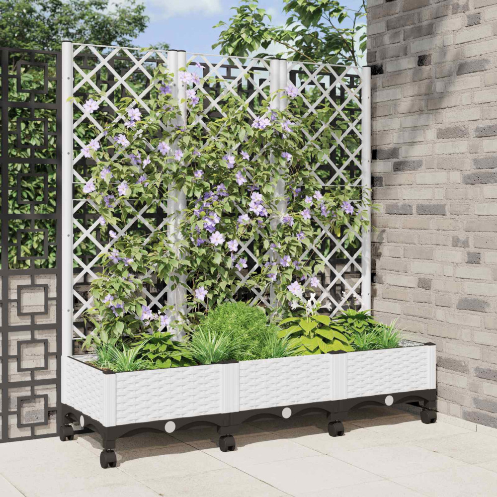 Produktbild för Trädgårdsplanterare med spaljé och hjul Vit 120 x 40 x 131,5 cm