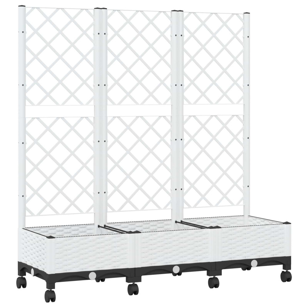 Produktbild för Trädgårdsplanterare med spaljé och hjul Vit 120 x 40 x 131,5 cm