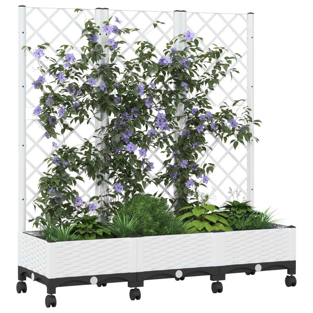 Produktbild för Trädgårdsplanterare med spaljé och hjul Vit 120 x 40 x 131,5 cm