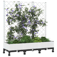 Produktbild för Trädgårdsplanterare med spaljé och hjul Vit 120 x 40 x 131,5 cm