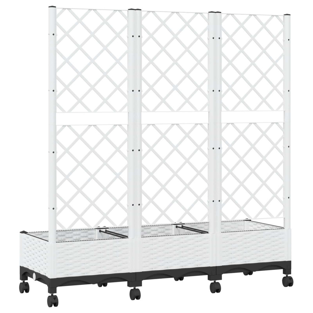 Produktbild för Trädgårdsplanterare med spaljé och hjul Vit 120 x 40 x 131,5 cm