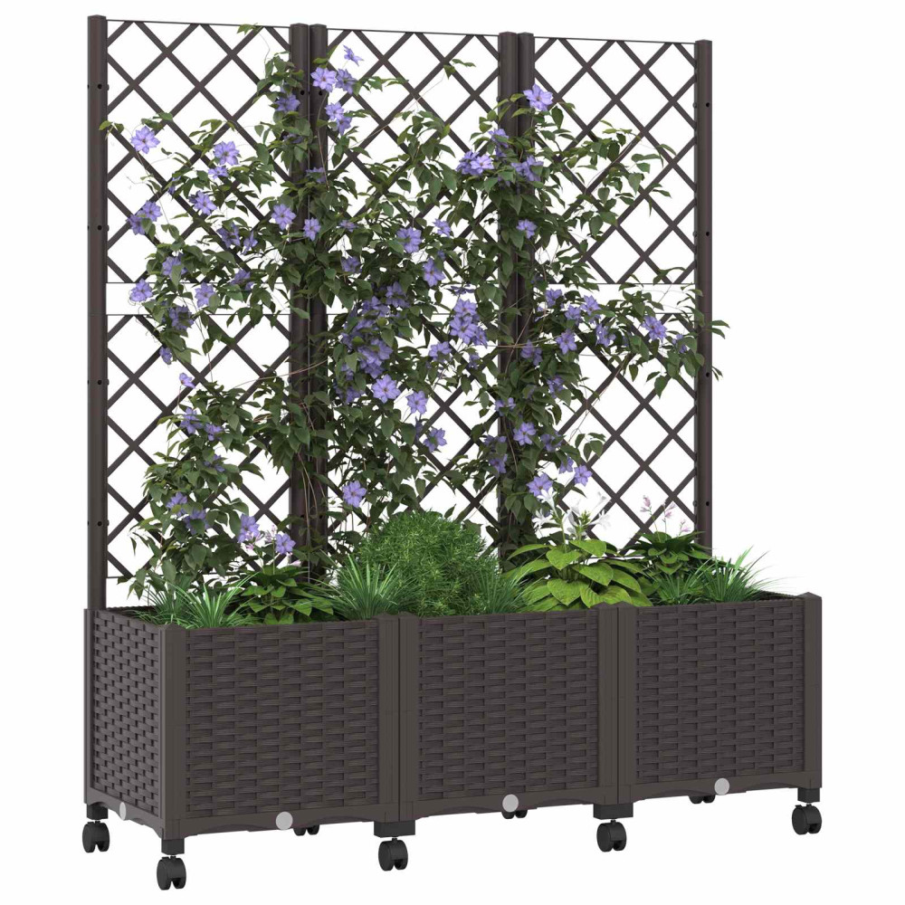 Produktbild för Trädgårdsplanterare med spaljé och hjul Brun 120 x 40 x 146 cm