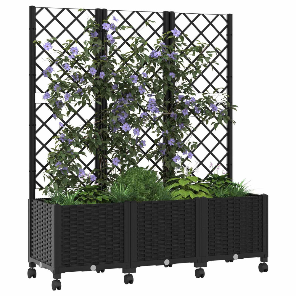 Produktbild för Trädgårdsplanterare med spaljé och hjul Svart 120 x 40 x 146 cm