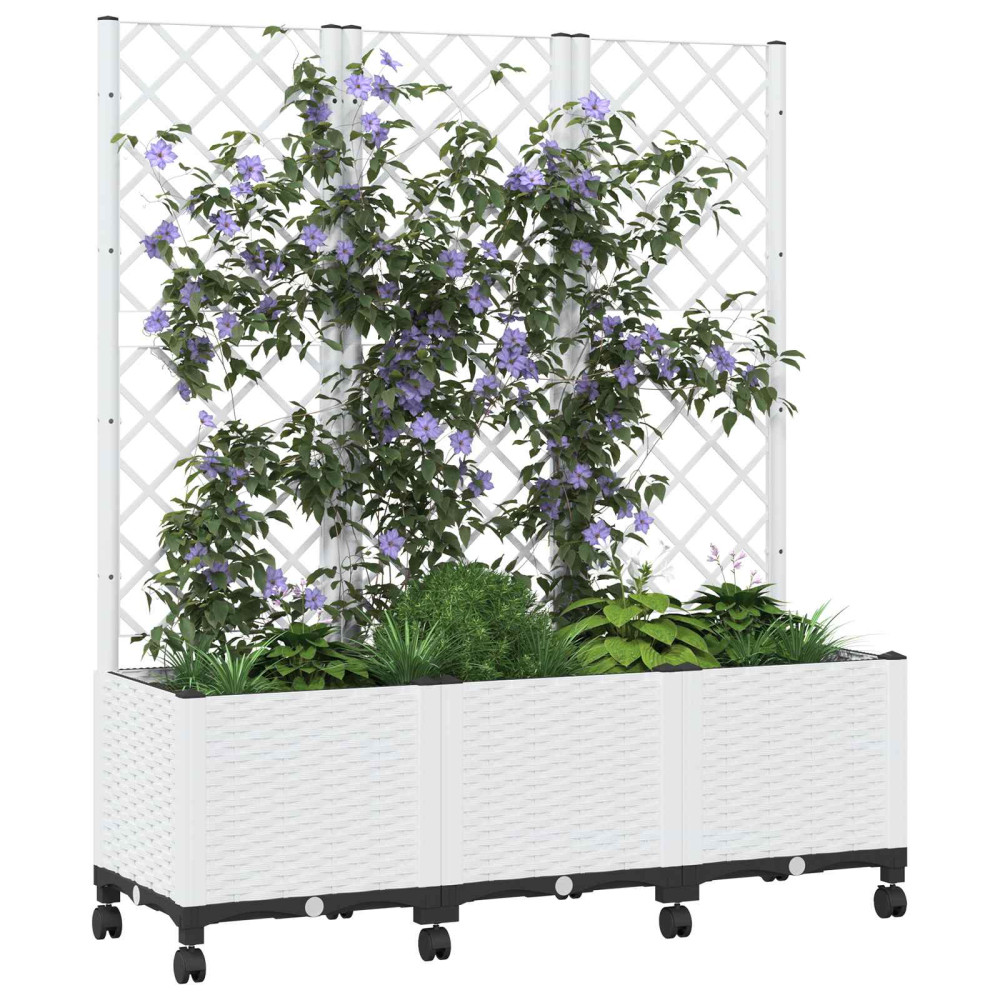 Produktbild för Trädgårdsplanterare med spaljé och hjul Vit 120 x 40 x 146 cm