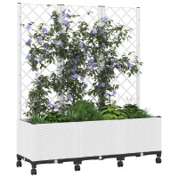 Produktbild för Trädgårdsplanterare med spaljé och hjul Vit 120 x 40 x 146 cm