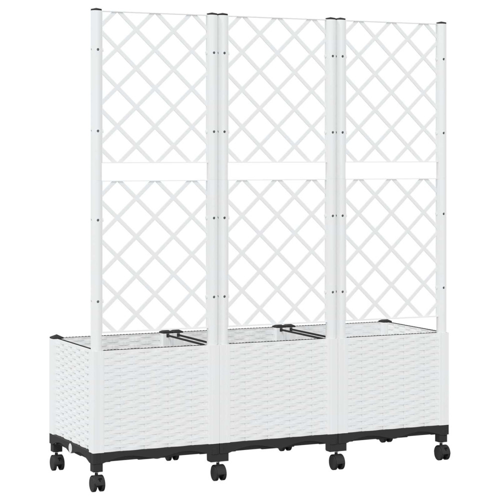 Produktbild för Trädgårdsplanterare med spaljé och hjul Vit 120 x 40 x 146 cm