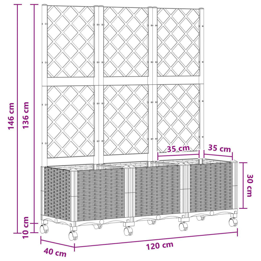 Produktbild för Trädgårdsplanterare med spaljé och hjul Vit 120 x 40 x 146 cm
