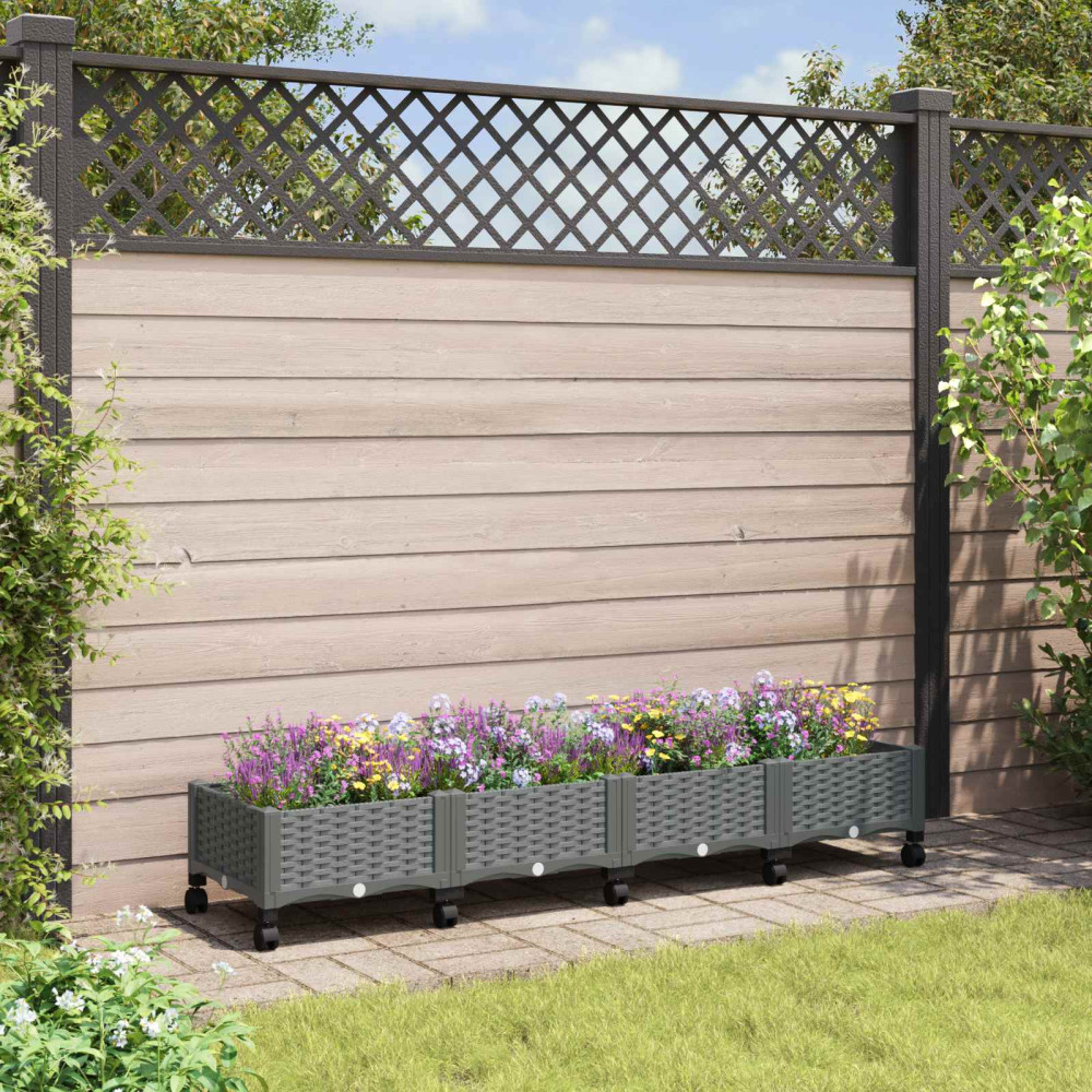 Produktbild för Trädgårdsplanterare med hjul Ljusgrå 160 x 40 x 33 cm PP