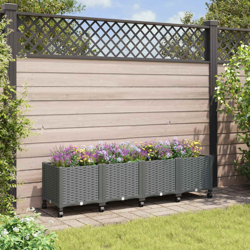 Produktbild för Trädgårdsplanterare med hjul Ljusgrå 160 x 40 x 48 cm PP