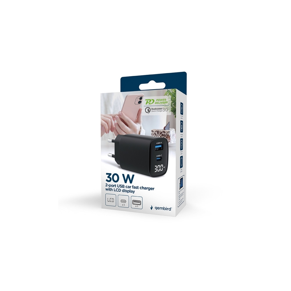 Produktbild för Gembird strömadapter - LCD-skärm - USB, USB-C - 30 watt