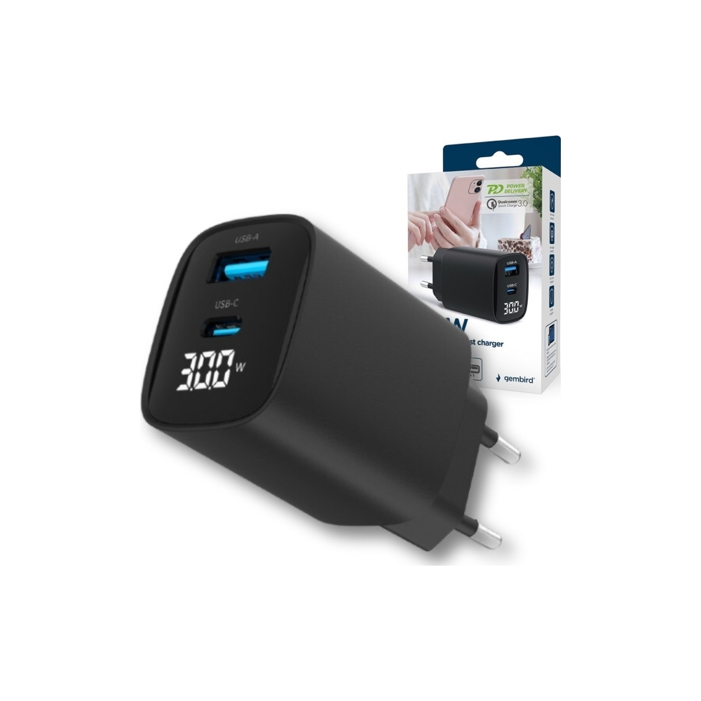 Produktbild för Gembird strömadapter - LCD-skärm - USB, USB-C - 30 watt