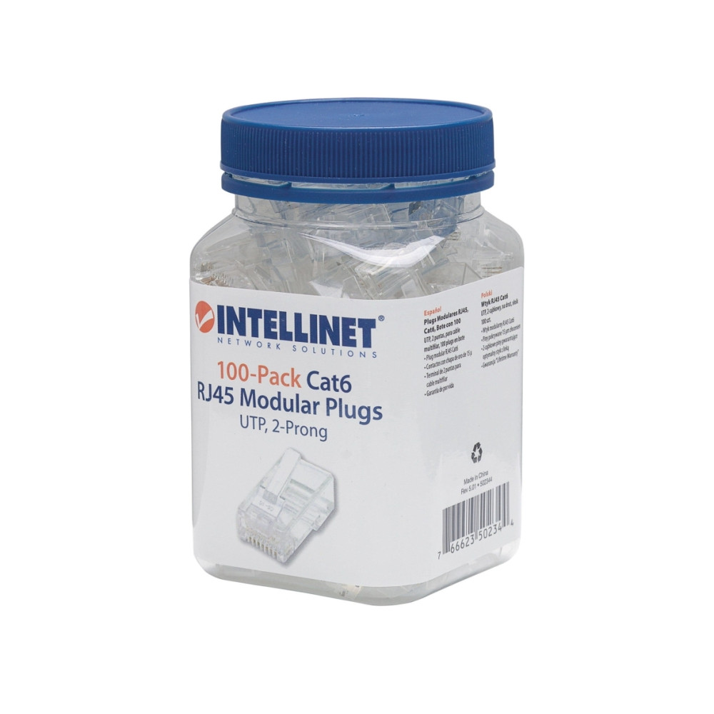 Produktbild för Intellinet RJ45 Modular Plugs, Cat6, UTP, 2-prong, for stran...