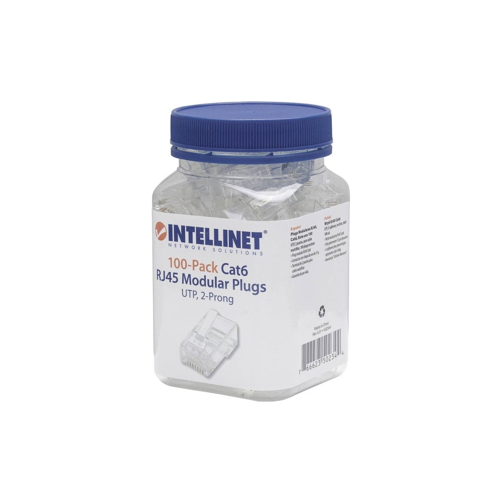 Produktbild för Intellinet RJ45 Modular Plugs, Cat6, UTP, 2-prong, for stran...