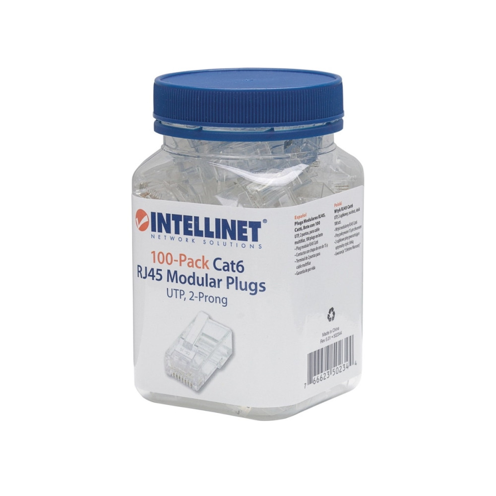 Produktbild för Intellinet RJ45 Modular Plugs, Cat6, UTP, 2-prong, for stran...