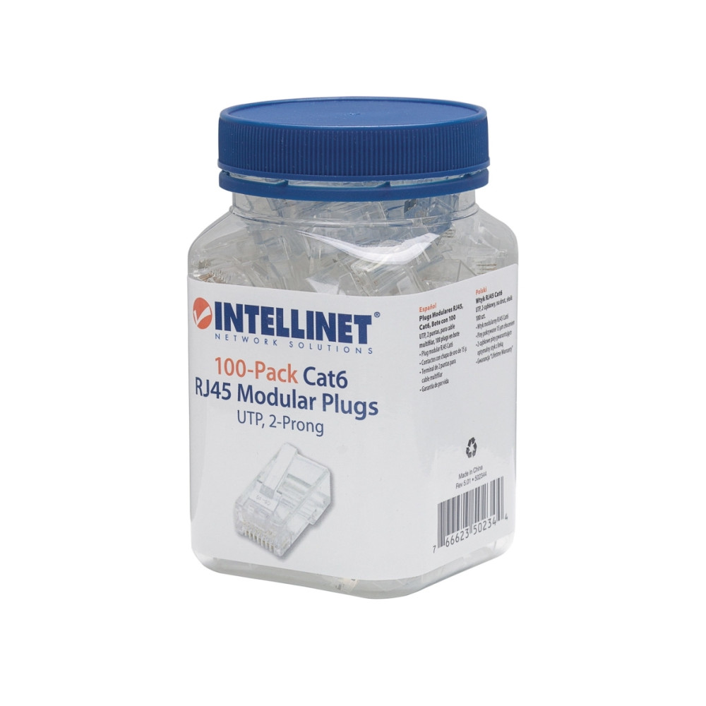 Produktbild för Intellinet RJ45 Modular Plugs, Cat6, UTP, 2-prong, for stran...