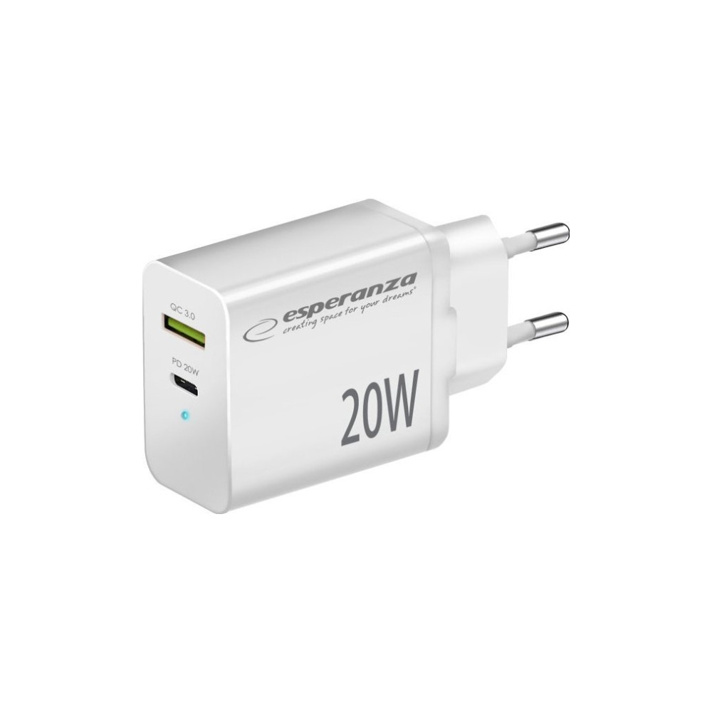 Produktbild för Esperanza EZC105W nätladdare 20W USB-C PD / USB-A QC 3.0 18W...