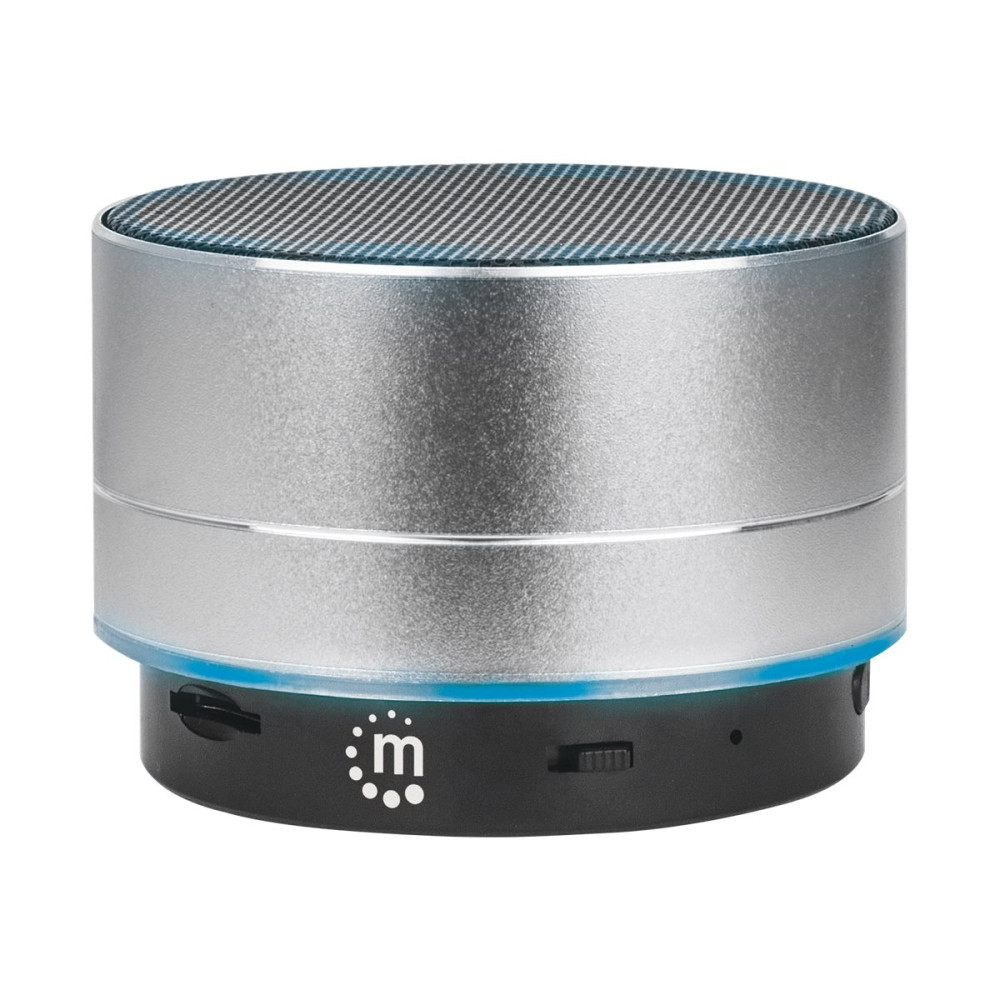 Produktbild för Manhattan Metallic Bluetooth Speaker (Clearance Pricing), Splashproof, Range 10m, microSD card reader, Aux 3.5mm connector, USB-A charging cable included (5V charging), Silver, Three Years Warranty - högtalare - för bärbar användning - trådlös