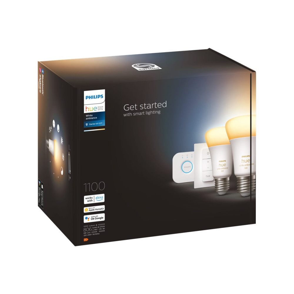 Produktbild för Philips Hue White ambiance Starter Kit - trådlös belysningsuppsättning - LED-glödlampa x 2 - form: A60 - E27 - 8 W - varmt vitt till svalt dagsljus - 2200-6500 K