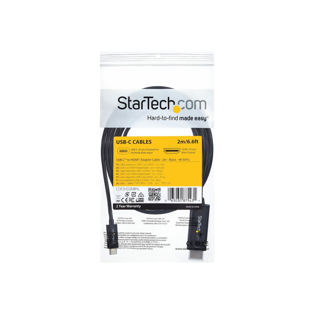 Produktbild för StarTech.com USB C till HDMI-kabel på 2 m ‒ videokabeladapter USB Type C till HDMI 2.0 för 4K vid 60 Hz ‒ Thunderbolt 3-kompatibel ‒ bärbar dator till HDMI-skärm ‒ DP 1.2 Alt-läge HBR2 ‒ svart - adapterkabel - HDMI / USB - 2 m