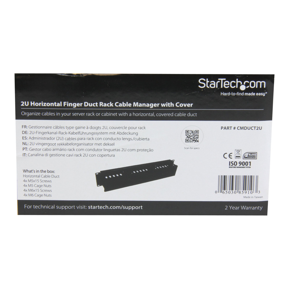 Produktbild för StarTech.com 2U horisontell kanalpanel för kabelhantering med fingrar och lock för hylla - rackpanel för kabelhantering - 2U