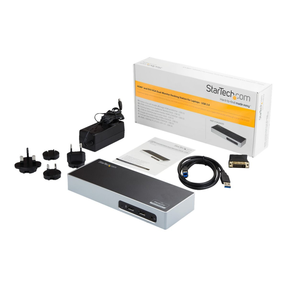 Produktbild för StarTech.com USB 3.0 Docking Station, Dual Monitor Laptop Docking Station with HDMI & DVI/VGA Video, 6-port USB 3.1 Gen 1 5Gbps Hub, GbE, Audio, Universal USB Type-A Dock, Windows & Mac - Dual Display Dock (DK30ADD) - dockningsstation - USB - DVI, HDMI - 