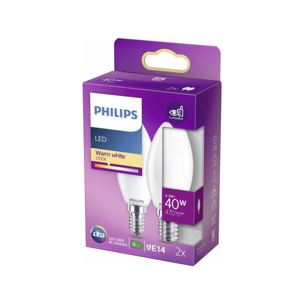 Produktbild för Philips - LED-glödlampa - form: B35 - glaserad finish - E14 - 4.3 W - varmt vitt ljus - 2700 K (paket om 2)