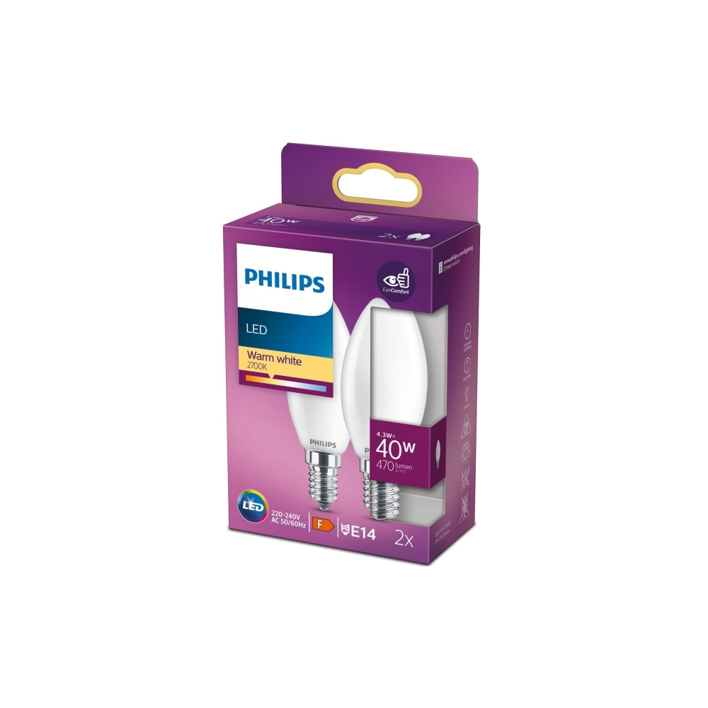 Produktbild för Philips - LED-glödlampa - form: B35 - glaserad finish - E14 - 4.3 W - varmt vitt ljus - 2700 K (paket om 2)