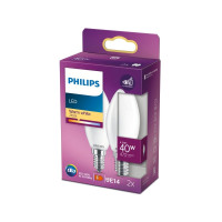 Produktbild för Philips - LED-glödlampa - form: B35 - glaserad finish - E14 - 4.3 W - varmt vitt ljus - 2700 K (paket om 2)