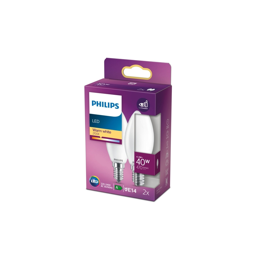 Produktbild för Philips - LED-glödlampa - form: B35 - glaserad finish - E14 - 4.3 W - varmt vitt ljus - 2700 K (paket om 2)
