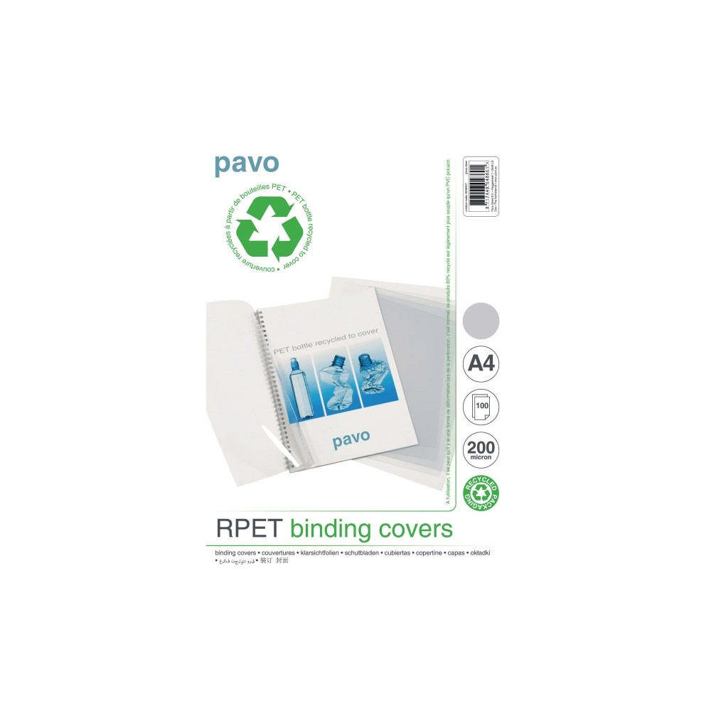 Produktbild för Inbindningsomslag, Pavo Recycled PET, A4, 200 my, transparen...