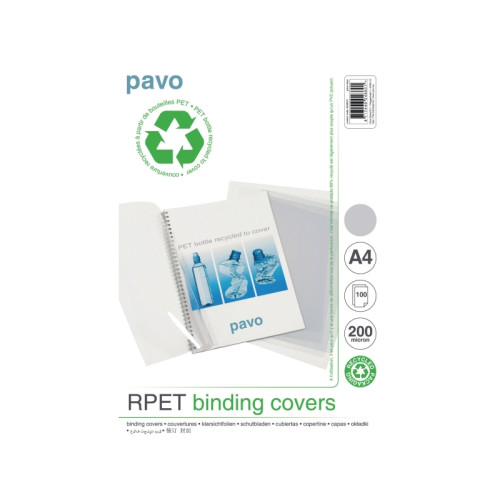 PAVO Inbindningsomslag, Pavo Recycled PET, A4, 200 my, transparen...