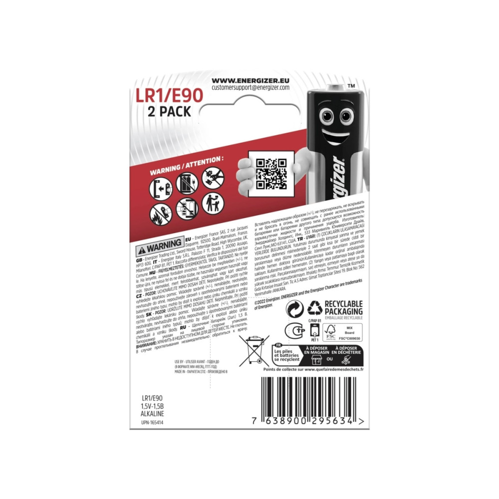 Produktbild för Batterier, Energizer® LR1/E90, alkalisk, 1,5 V, Ø: 12 mm, pa...