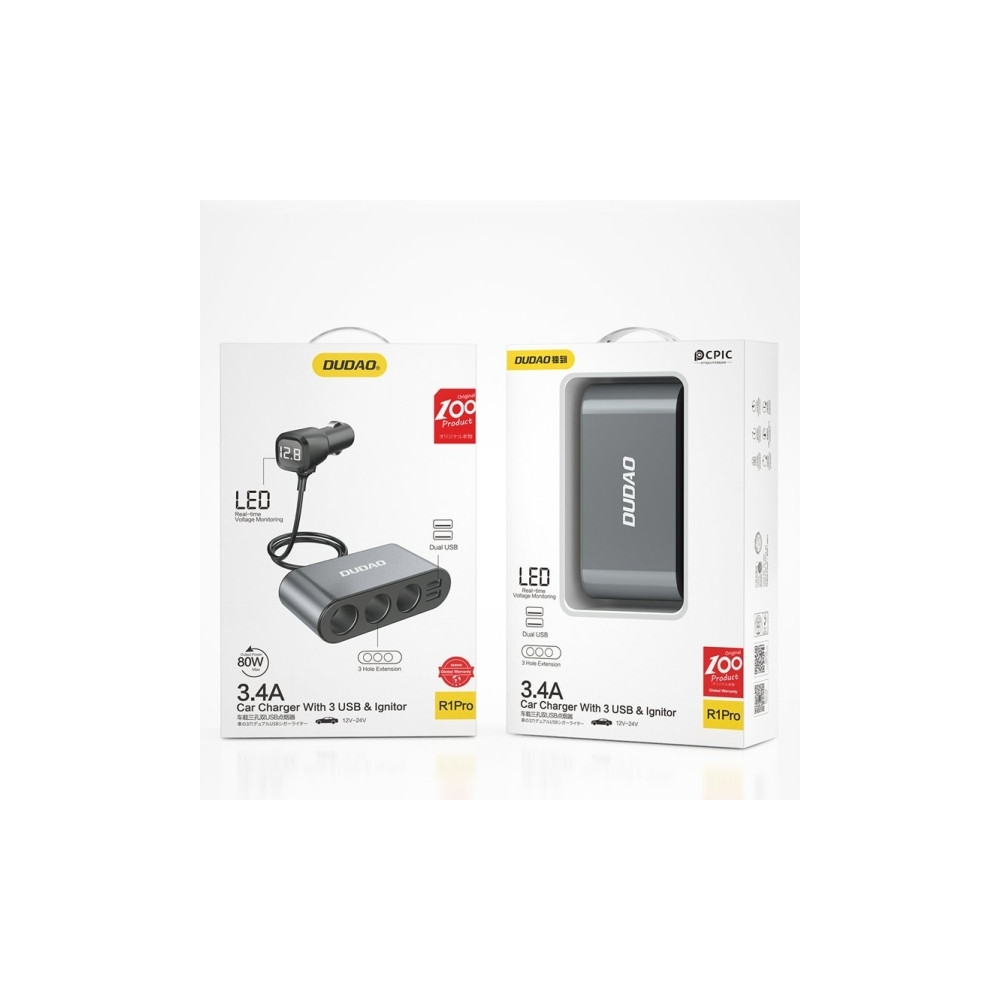 Produktbild för Dudao bil-laddare 2x USB / 3x cigarettändar-splitter svart (...