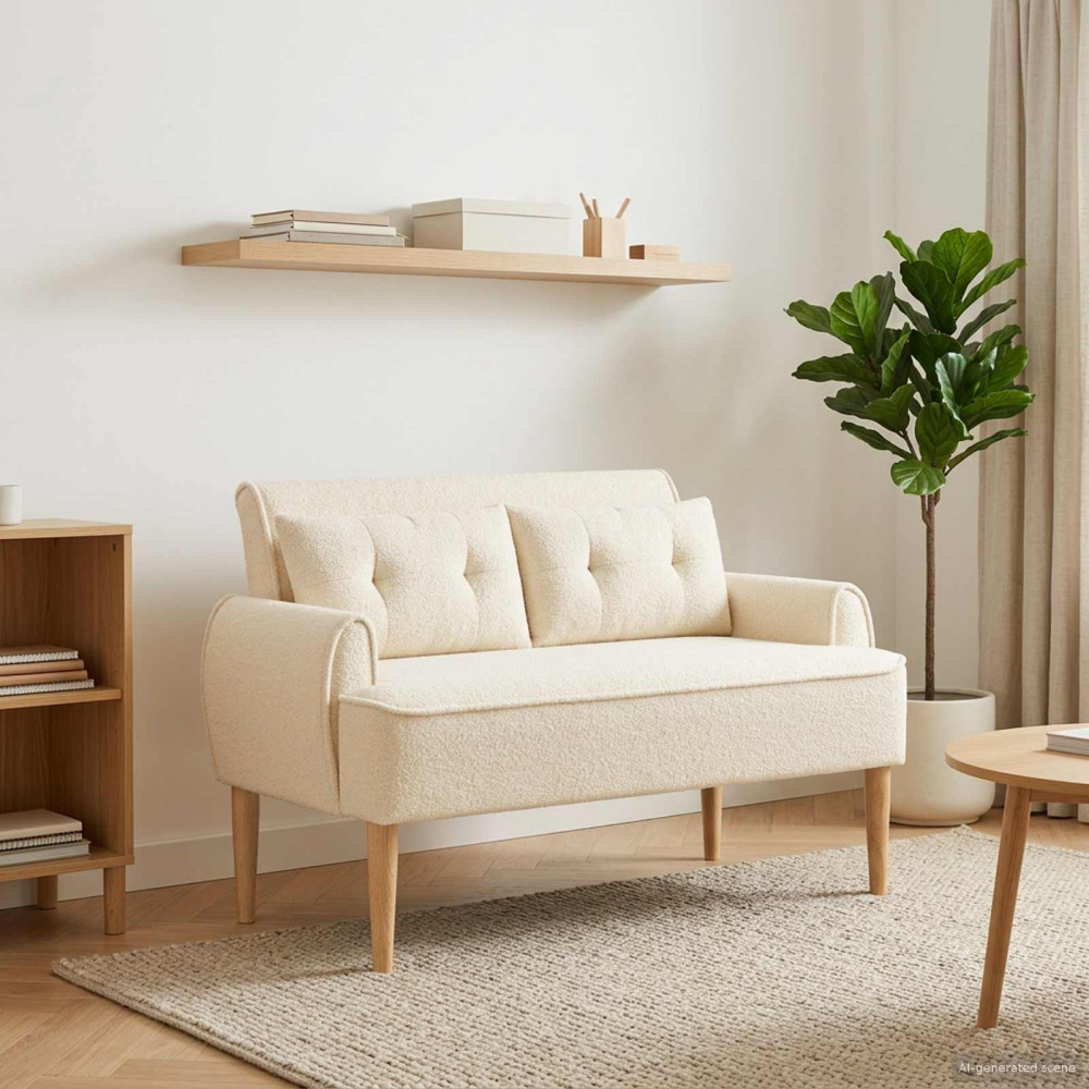 Produktbild för Loveseat med knapprapport Gräddvit 117 x 67 x 77 cm Bouclé