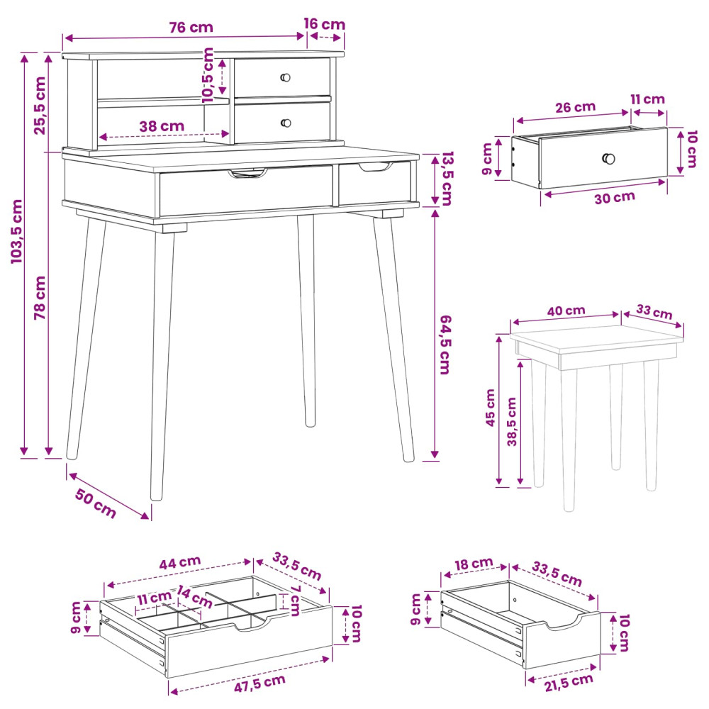 Produktbild för Skrivbordsset FAUSKE 3 pcs Vit 76 x 50 x 103,5 cm