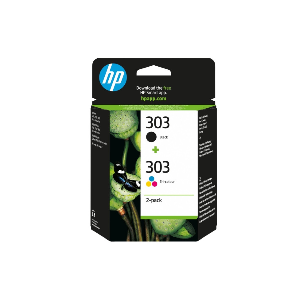 Produktbild för HP 303 - 2-pack - svartfärgad, färg (cyan, magenta, gul) - original - bläckpatron