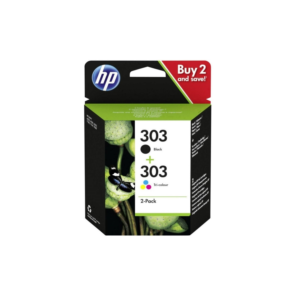 Produktbild för HP 303 - 2-pack - svartfärgad, färg (cyan, magenta, gul) - original - bläckpatron
