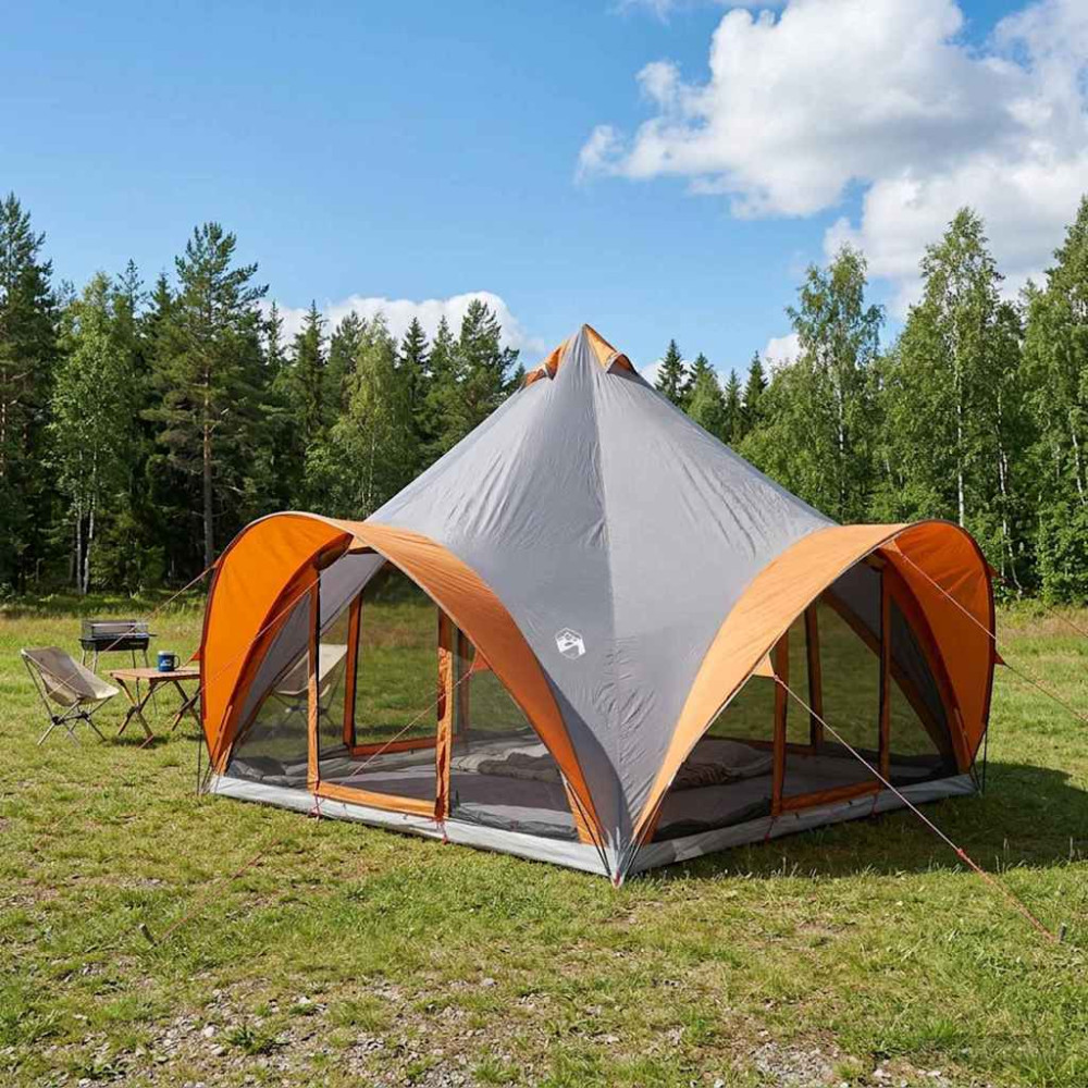 Produktbild för Tipi Tält med tak Grå och orange 6 personer Polyester och Stål