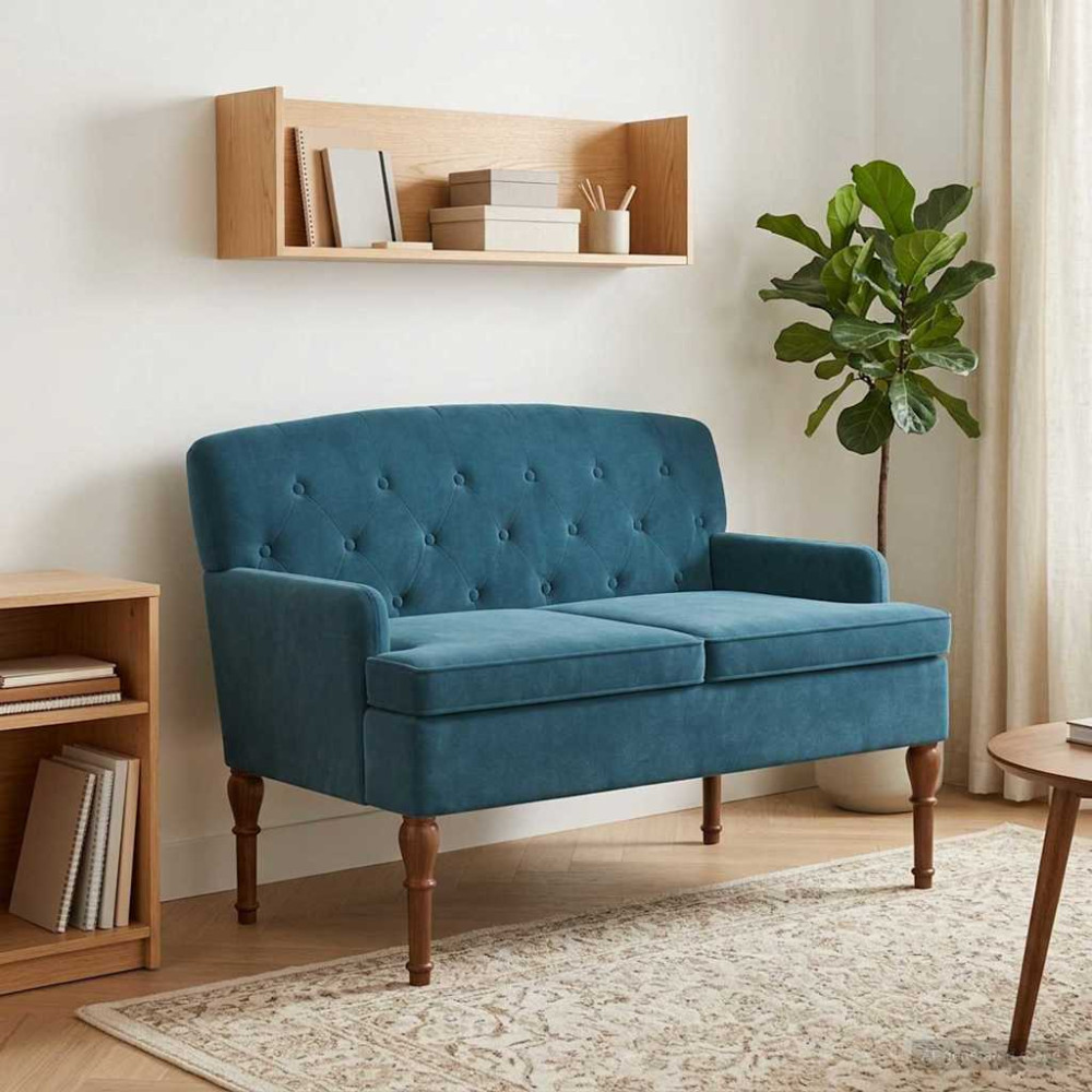 Produktbild för Loveseat med knapprapport Blå 111 x 65 x 79 cm Sammet