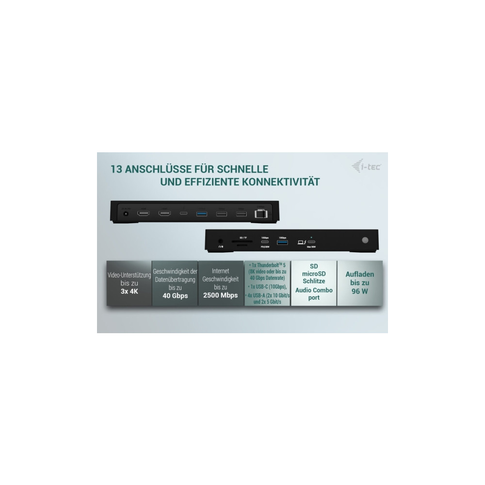 Produktbild för i-Tec - dockningsstation - USB-C / USB4 / Thunderbolt 3 / Thunderbolt 4 / Thunderbolt 5 - 2 x HDMI, Thunderbolt 4 - 1GbE, 2.5GbE